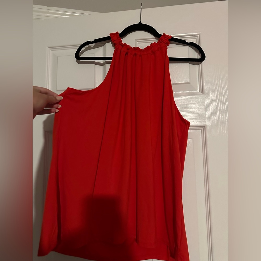 Red Versona tank top with ruffled neckline